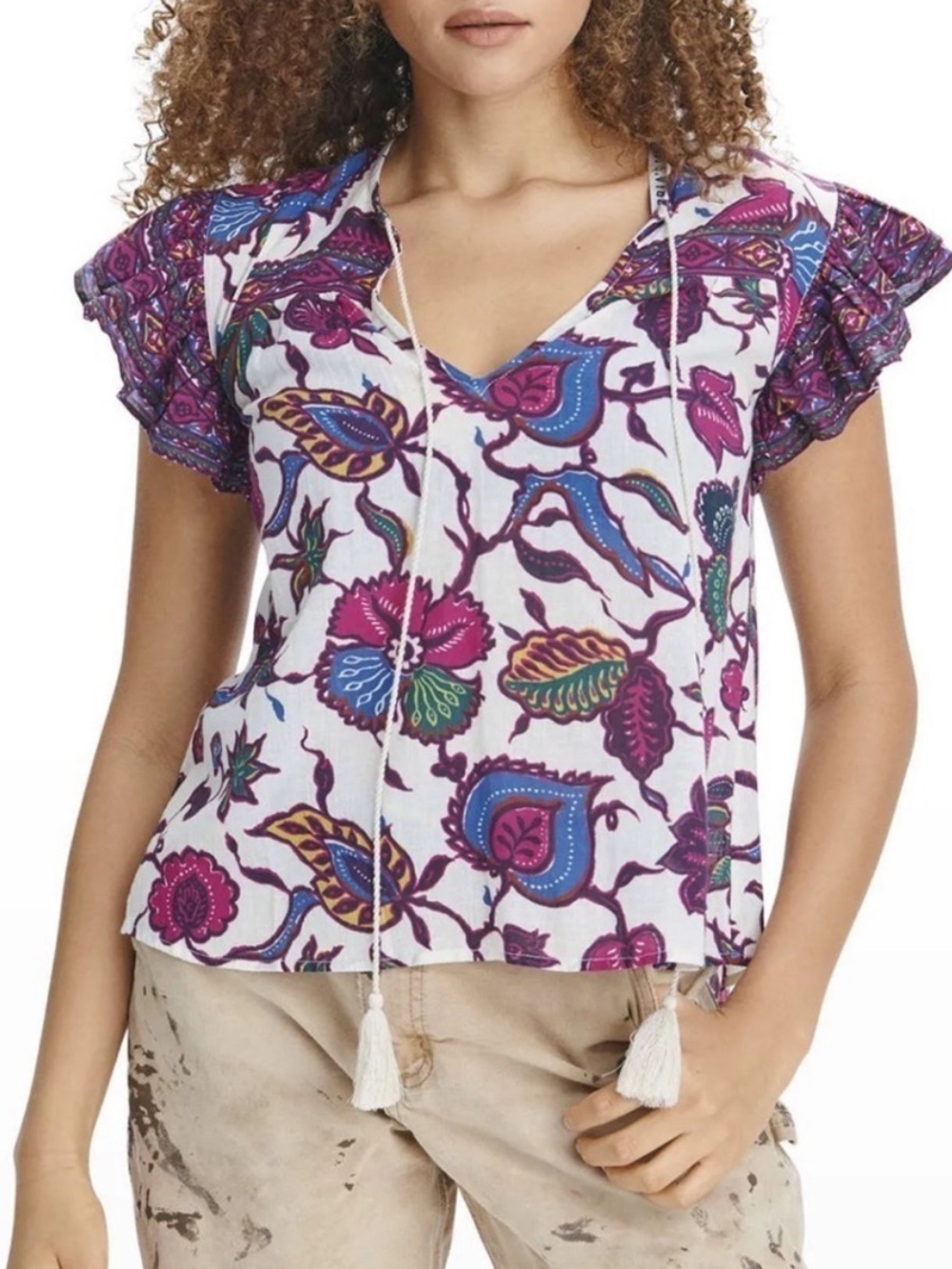 Love The Label Floral Tassel Peasant Top - Cream/Magenta